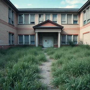 Dilapidated school building surrounded by overgrown grass