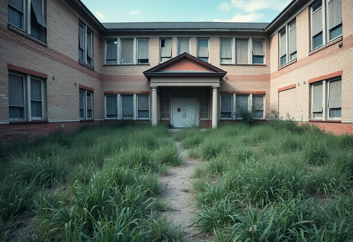 Dilapidated school building surrounded by overgrown grass