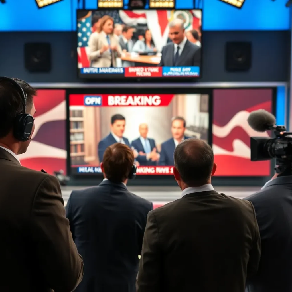 News studio atmosphere with journalists covering a major story