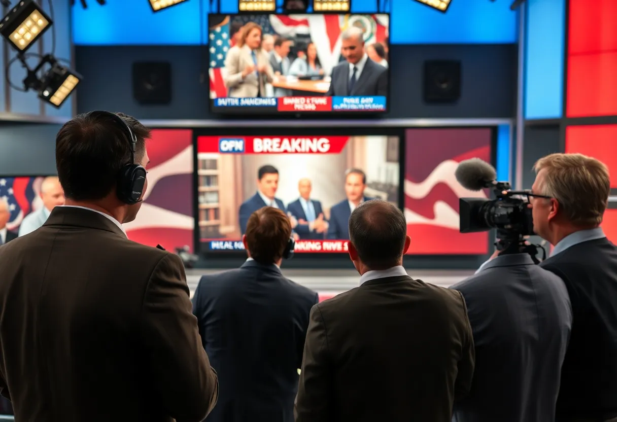 News studio atmosphere with journalists covering a major story