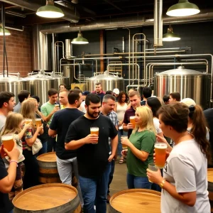 People enjoying craft beers at a bustling brewery