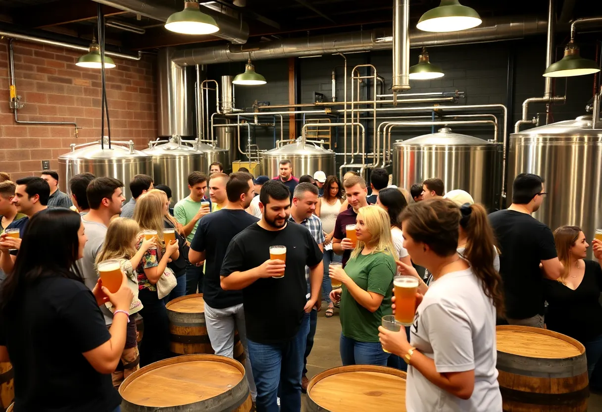 People enjoying craft beers at a bustling brewery