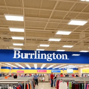 Interior of a Burlington store with displays of discounted products