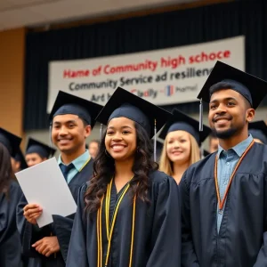 Diverse high school graduates celebrating scholarship awards