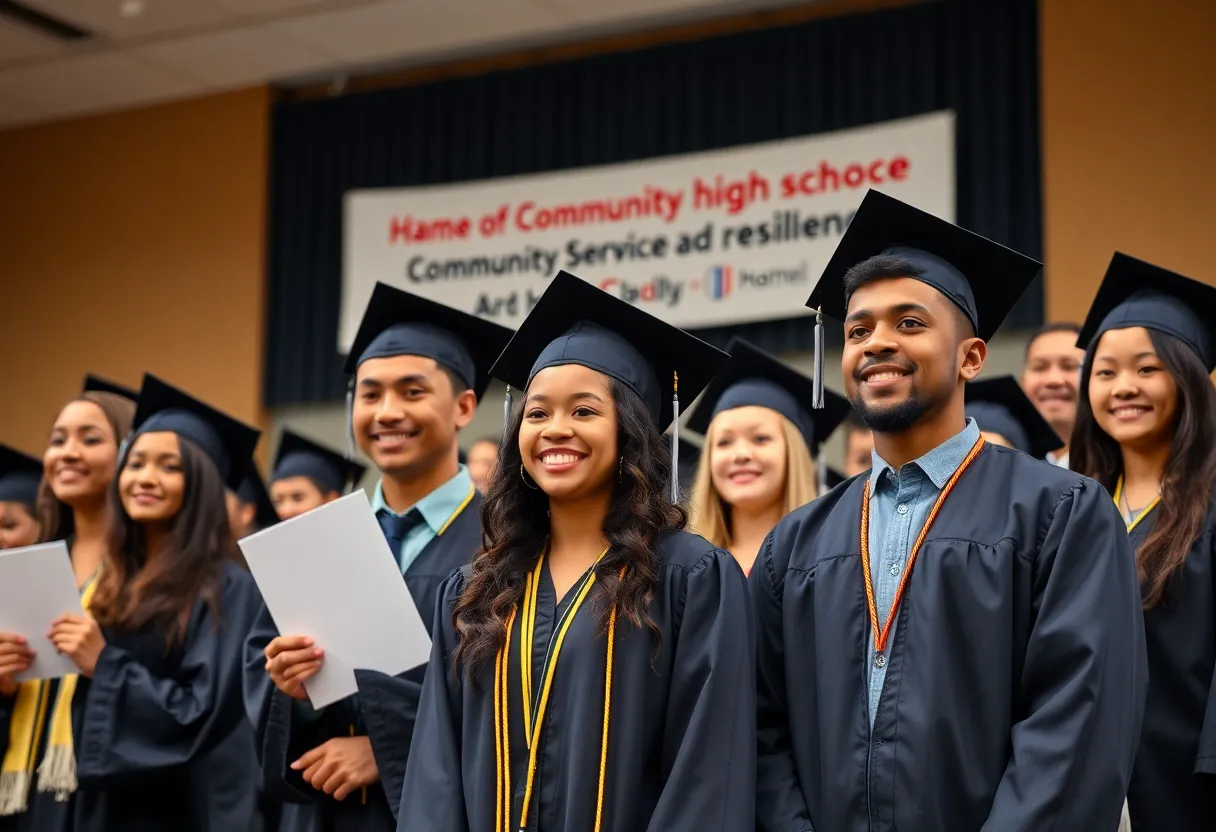 Diverse high school graduates celebrating scholarship awards