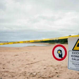 Warning signs on a closed beach about E. coli contamination