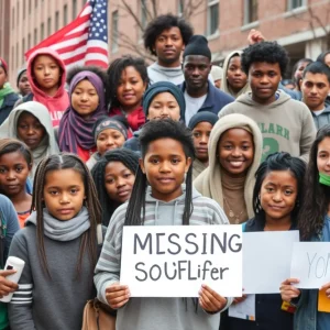 A diverse group of people gathering to search for a missing teen in Detroit.