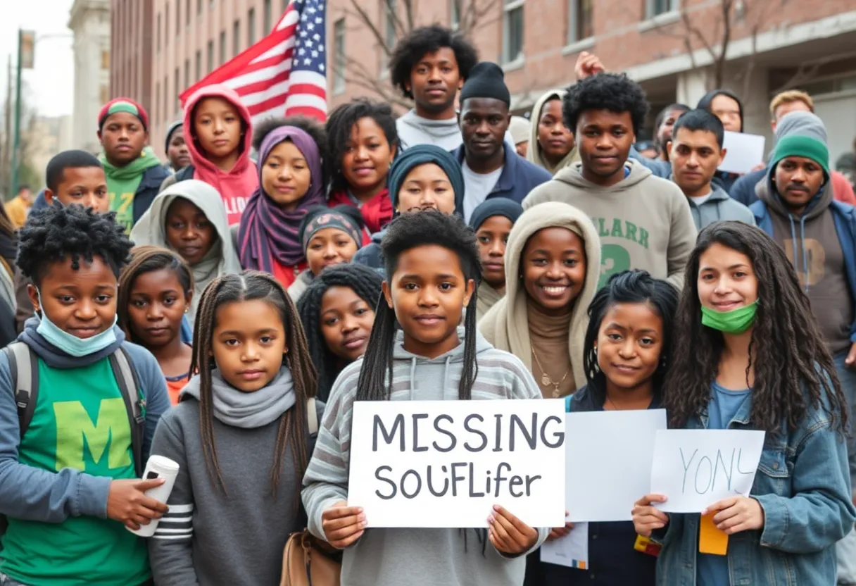 A diverse group of people gathering to search for a missing teen in Detroit.