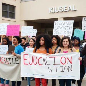 Community members rallying for education rights and against student deportation.
