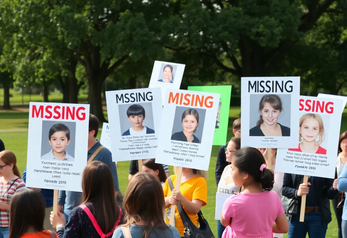 Citizens gathering in a park to support the search for missing children.