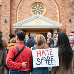 People united for community safety in front of a temple