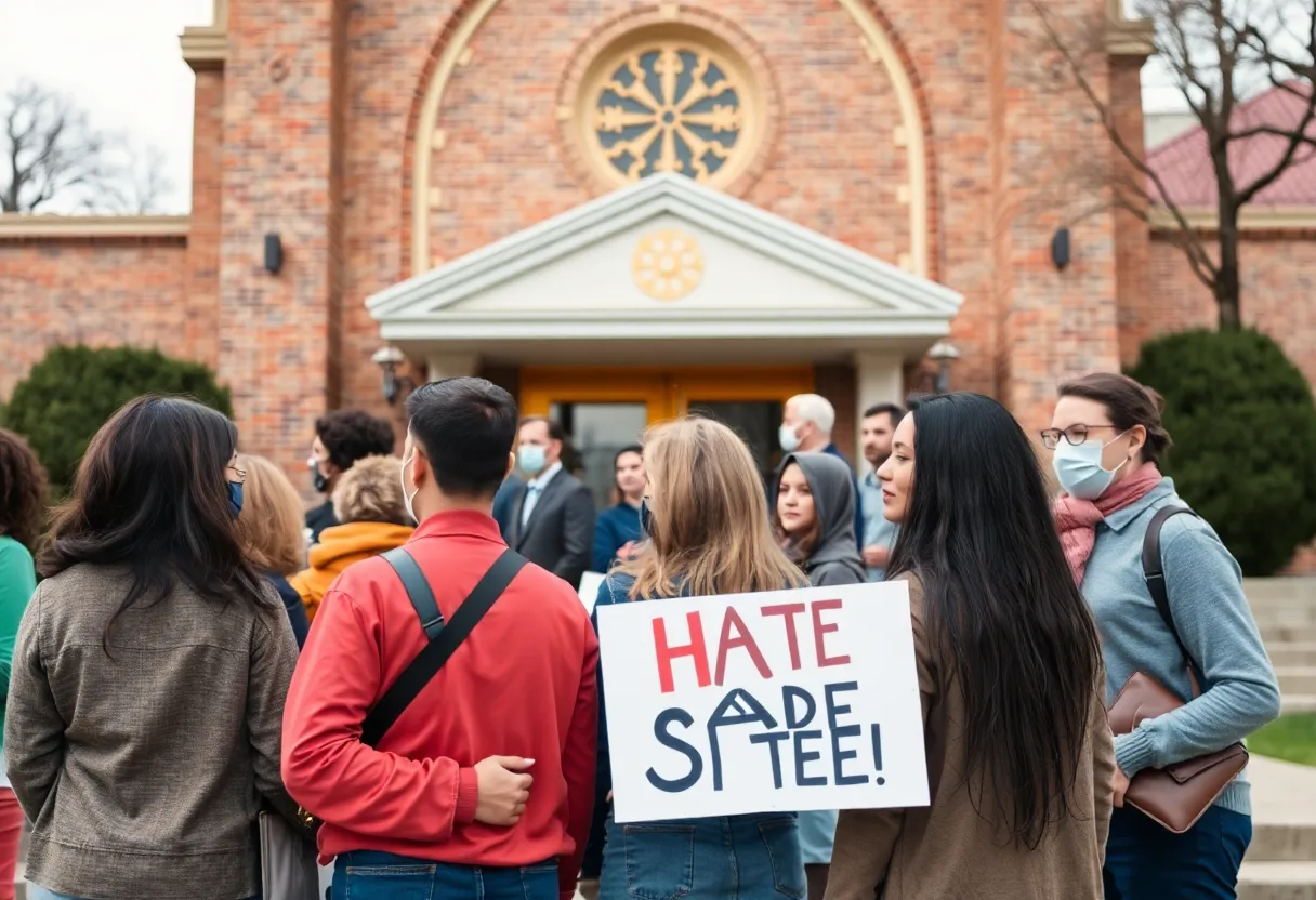 People united for community safety in front of a temple