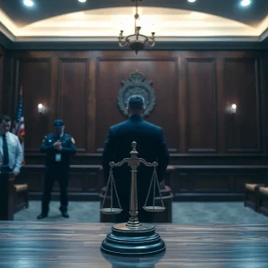 Courtroom scene representing drug trafficking justice