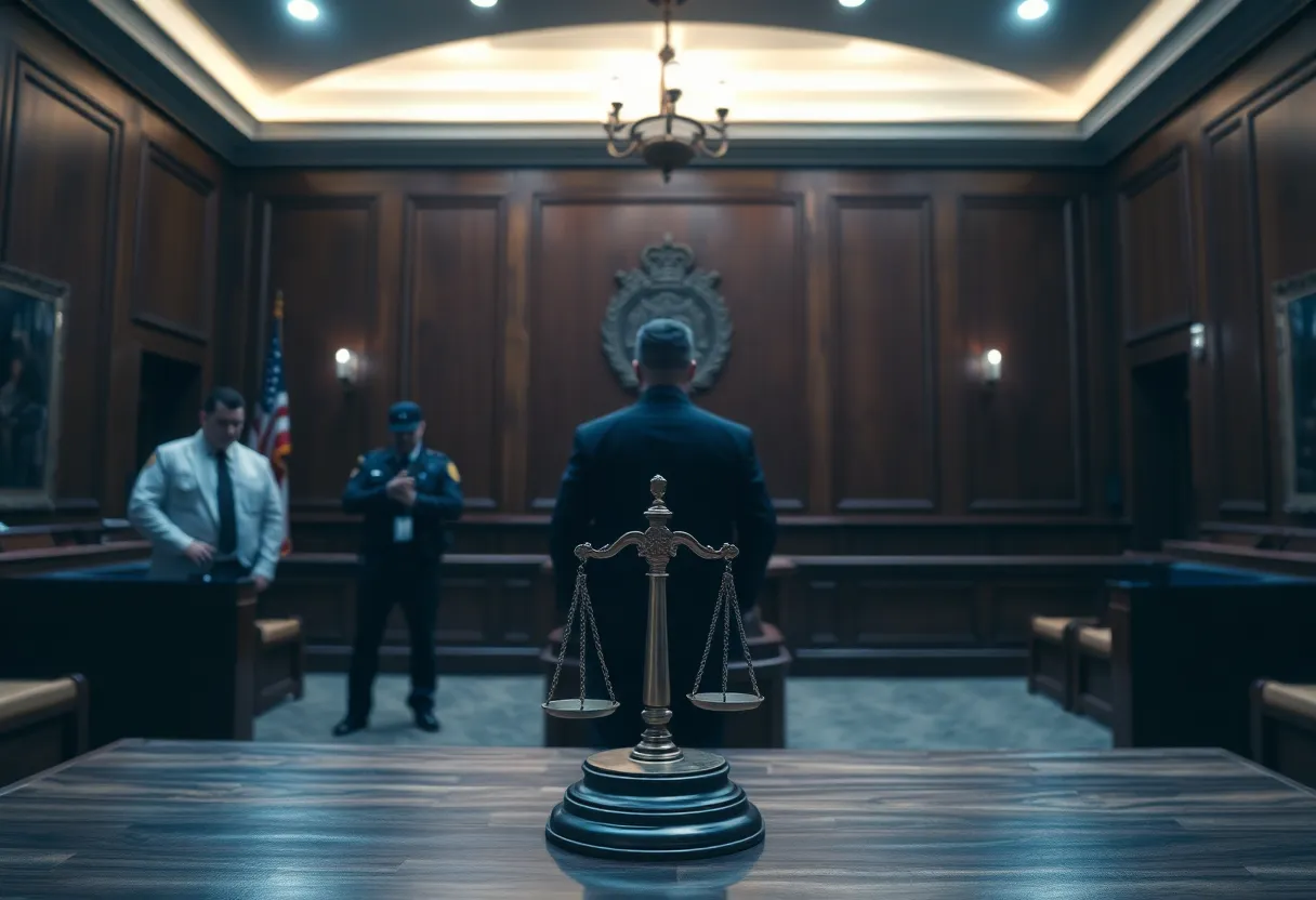Courtroom scene representing drug trafficking justice