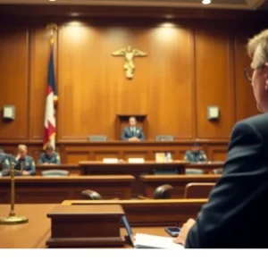 Courtroom interior with judge and participants, symbolizing justice and accountability.