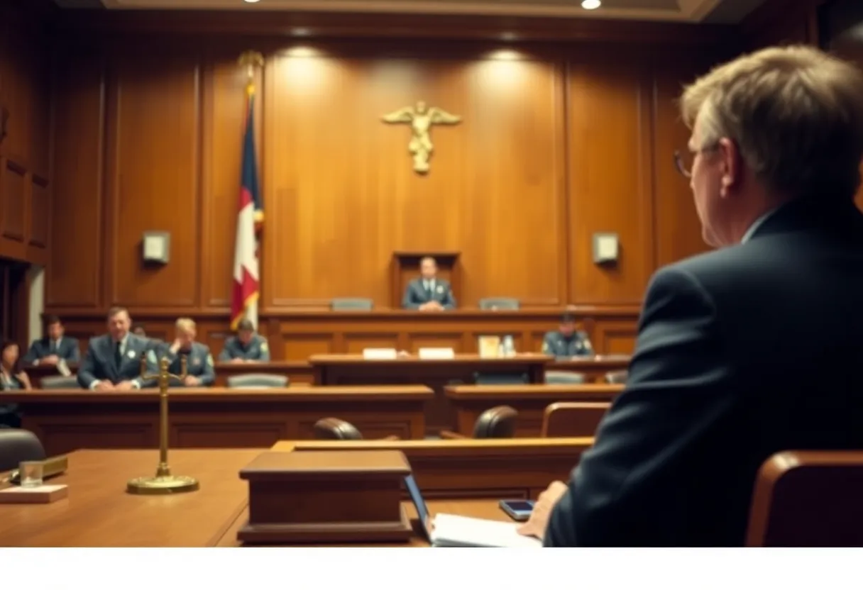Courtroom interior with judge and participants, symbolizing justice and accountability.