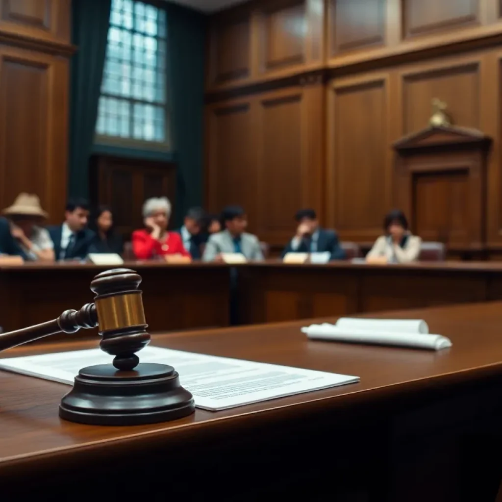 A courtroom with a jury and judge presiding over a labor trafficking case.