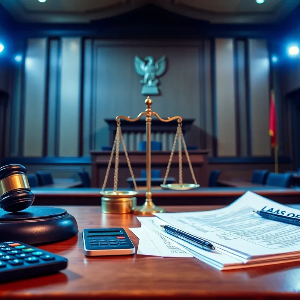 A courtroom setting with legal documents and a judge's gavel
