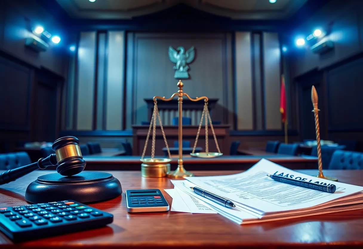 A courtroom setting with legal documents and a judge's gavel