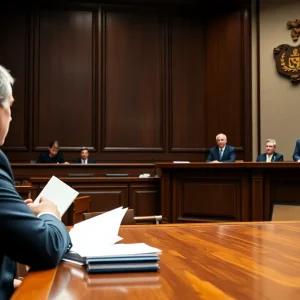 Courtroom scene showing lawyers and judge during a murder trial