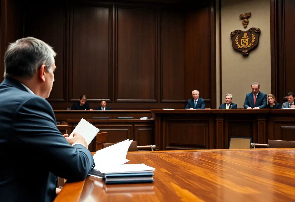 Courtroom scene showing lawyers and judge during a murder trial