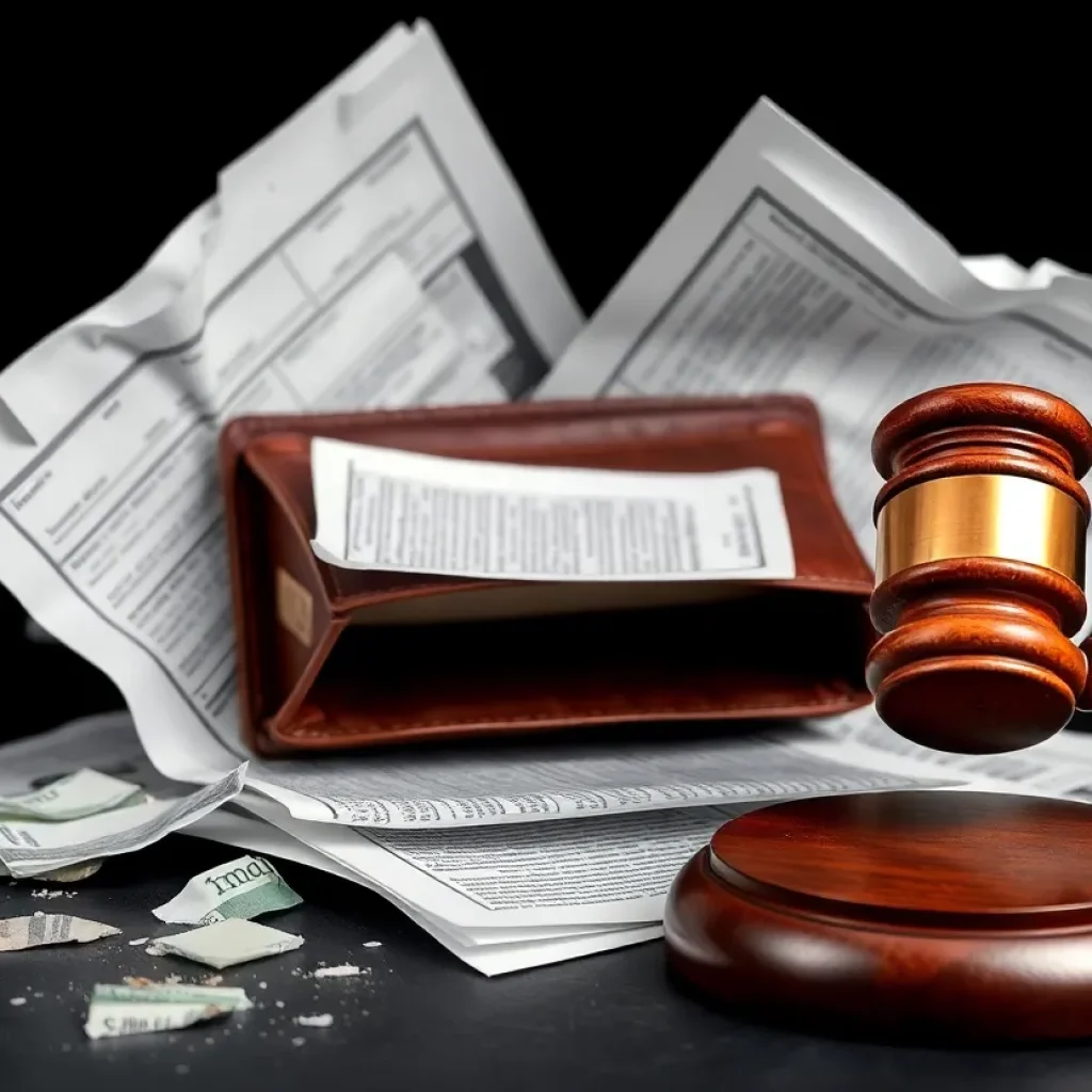 Abstract depiction of fraud in government relief programs with gavel and financial symbols.