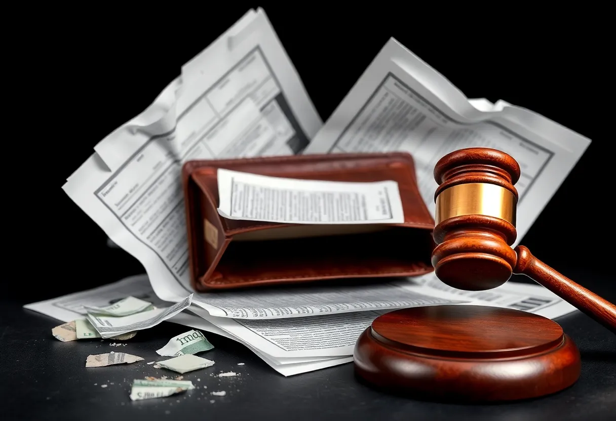 Abstract depiction of fraud in government relief programs with gavel and financial symbols.