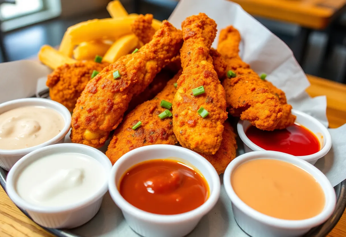Delicious spicy chicken tenders with dipping sauces
