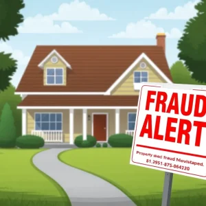 Illustration showing a house with a Fraud Alert sign representing deed fraud concerns