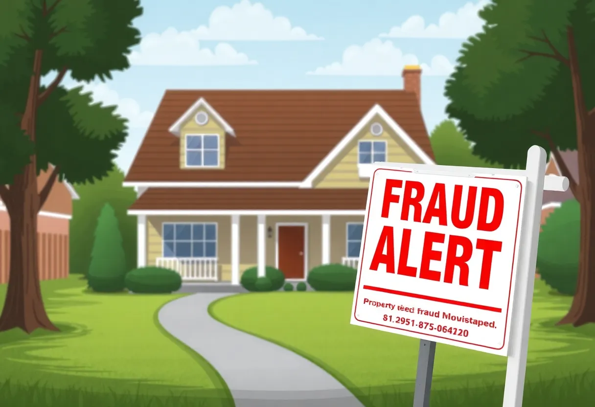 Illustration showing a house with a Fraud Alert sign representing deed fraud concerns
