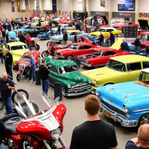 A bustling scene from the Detroit Autorama auto show featuring custom vehicles
