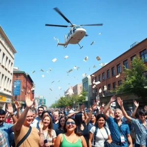 Community members collecting cash during a helicopter drop in Detroit