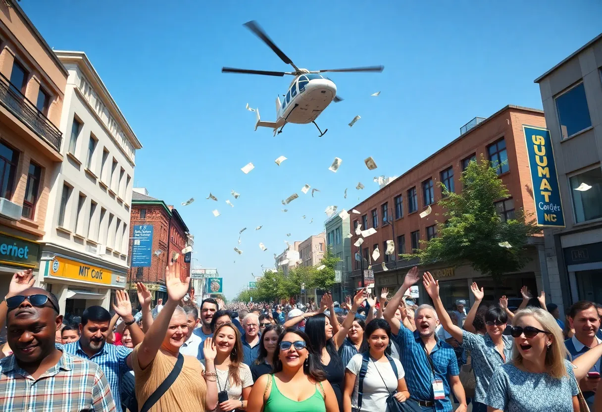 Community members collecting cash during a helicopter drop in Detroit