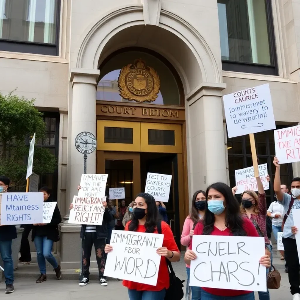 Demonstrators advocating for immigrant rights outside a courthouse in Detroit.