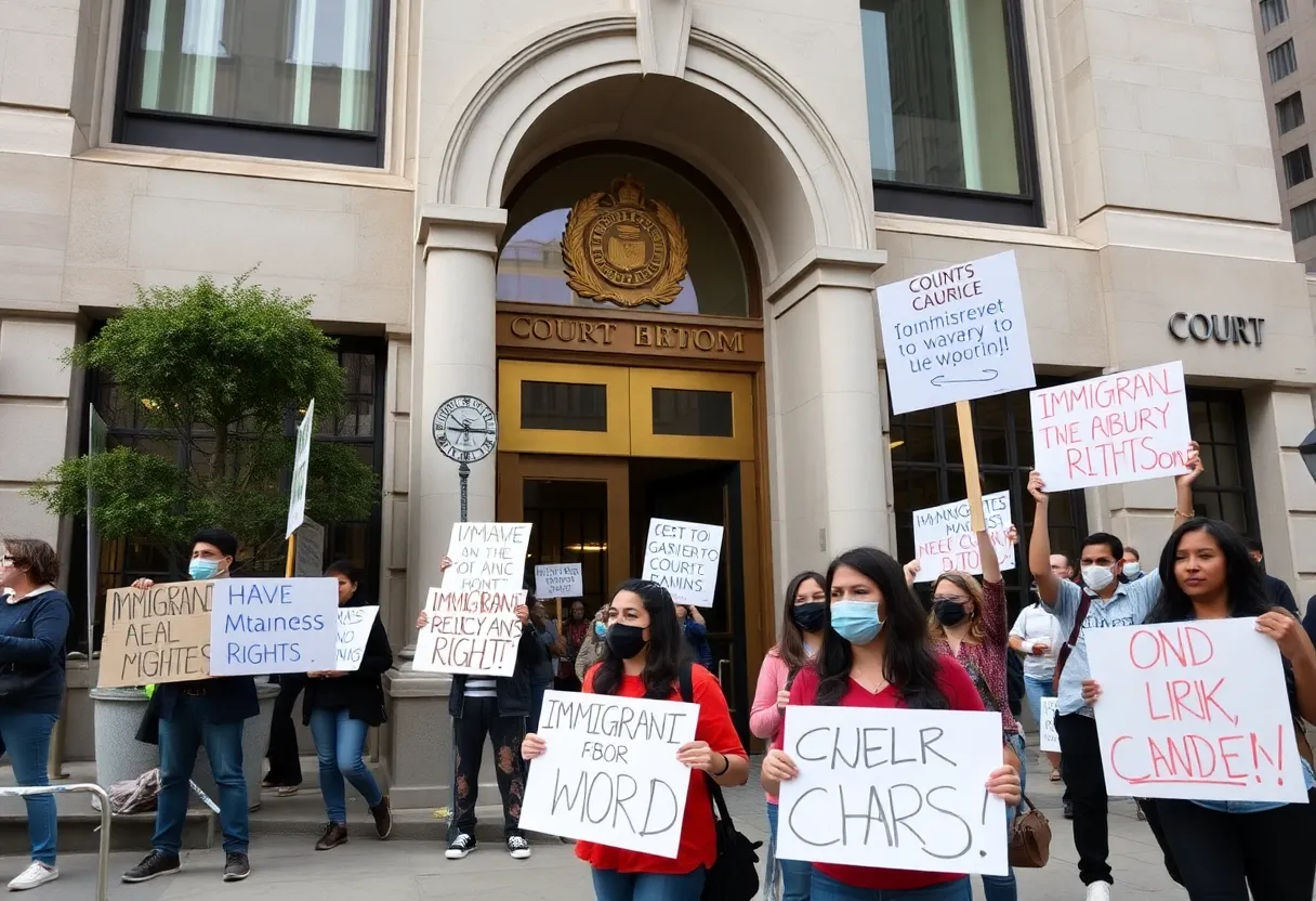 Demonstrators advocating for immigrant rights outside a courthouse in Detroit.