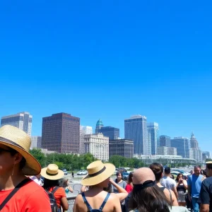People in Detroit taking precautions against extreme heat with city skyline nearby.