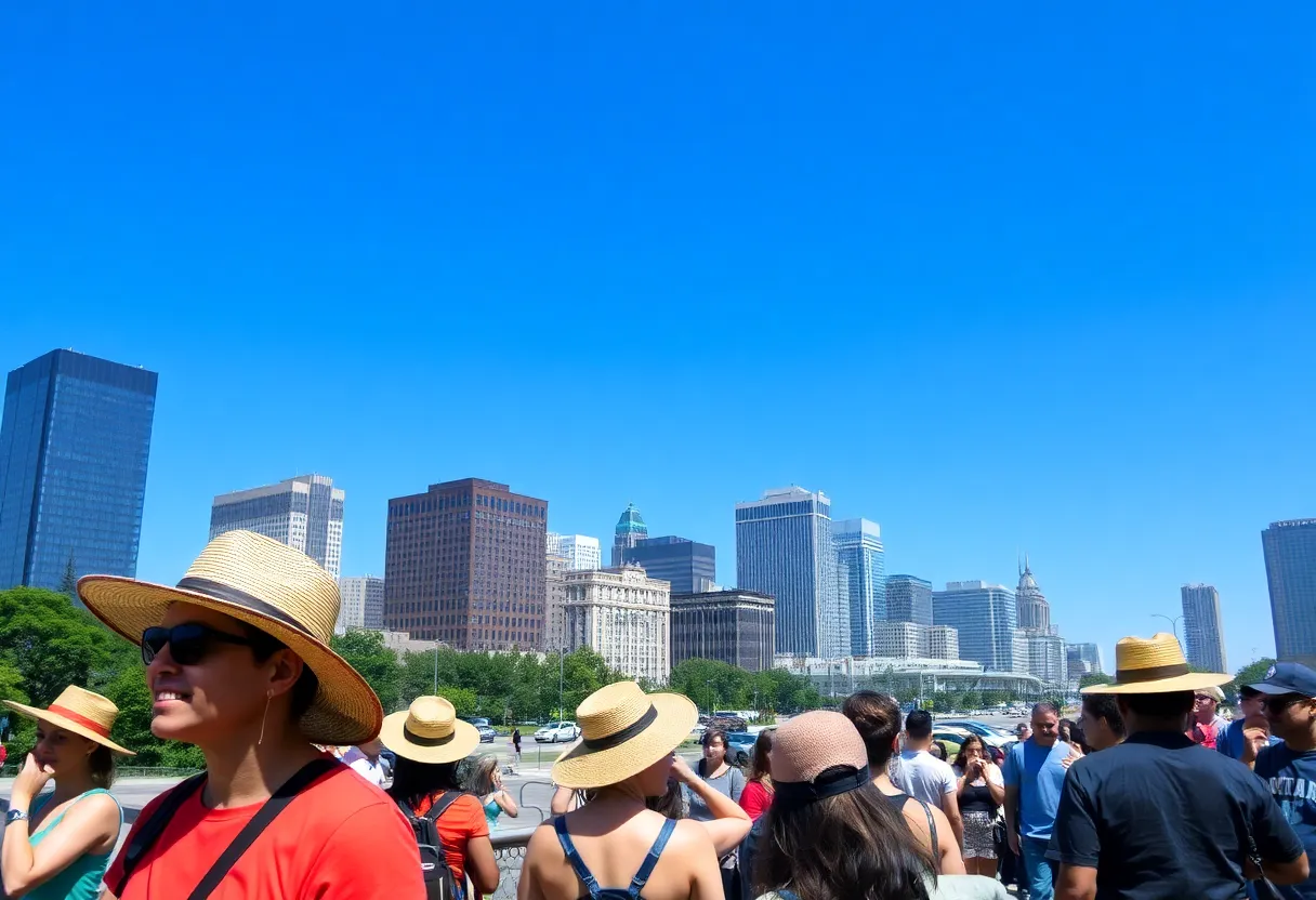 People in Detroit taking precautions against extreme heat with city skyline nearby.