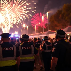Police managing a scene during a fireworks show in Detroit