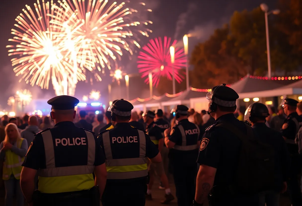 Police managing a scene during a fireworks show in Detroit