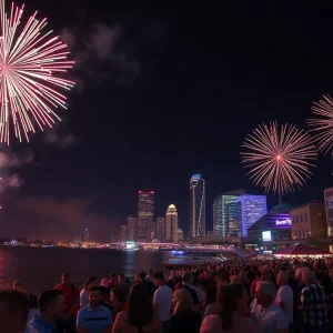 Crowds enjoying the Detroit Fireworks Show at the riverfront.