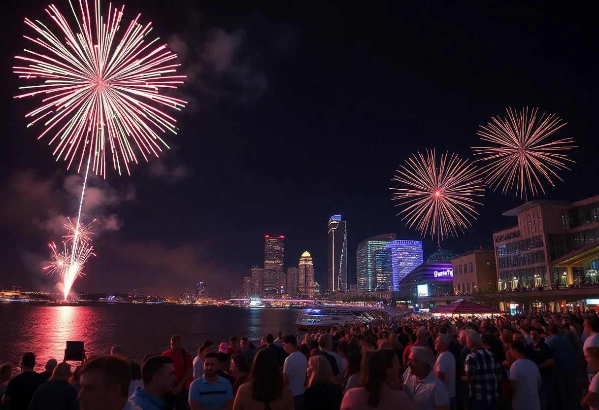 Crowds enjoying the Detroit Fireworks Show at the riverfront.