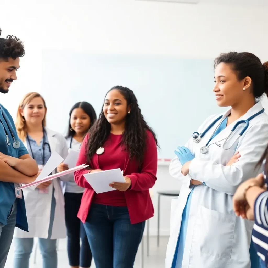 Students participating in a health care career workshop in Detroit.