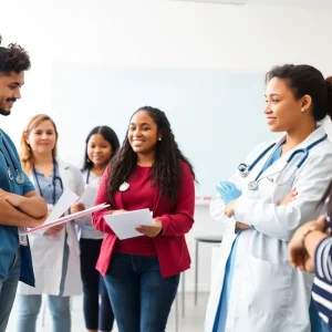 Students participating in a health care career workshop in Detroit.