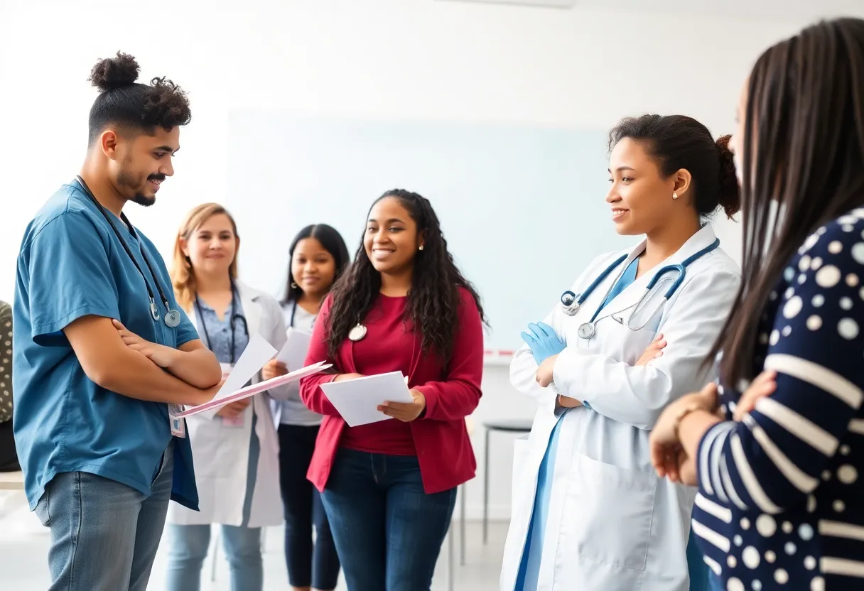 Students participating in a health care career workshop in Detroit.
