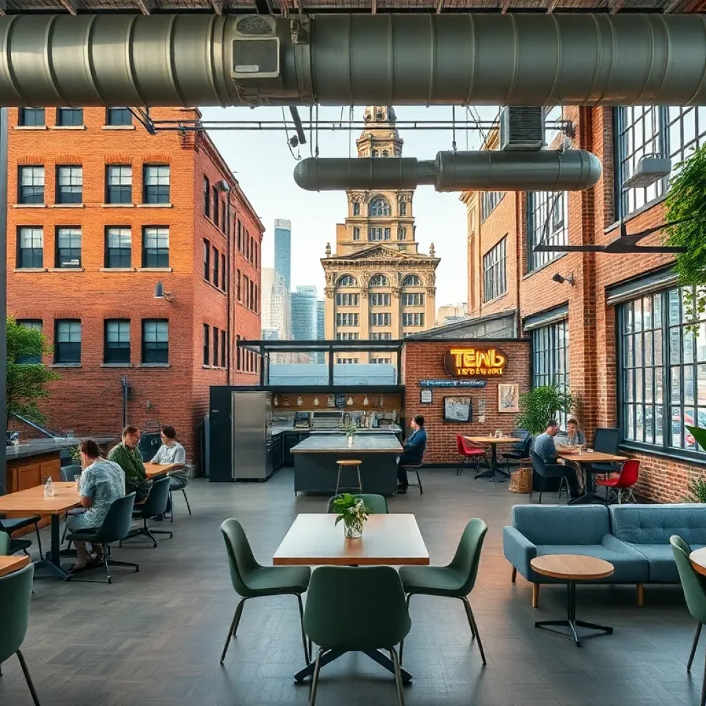 Interior of Detroit's new innovation hub with modern co-working spaces.