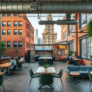 Interior of Detroit's new innovation hub with modern co-working spaces.