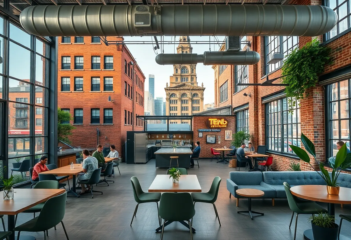 Interior of Detroit's new innovation hub with modern co-working spaces.