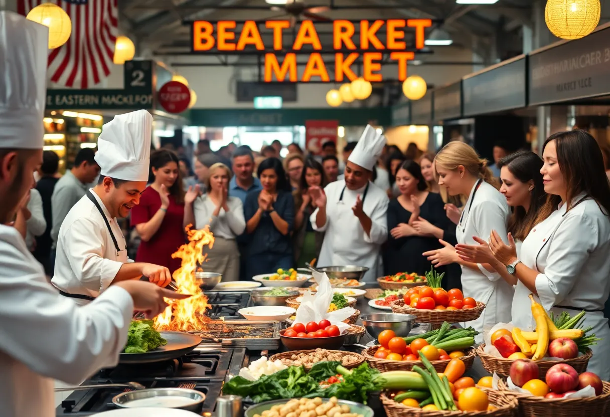 Culinary competition at Detroit Iron Chef II with chefs and audience