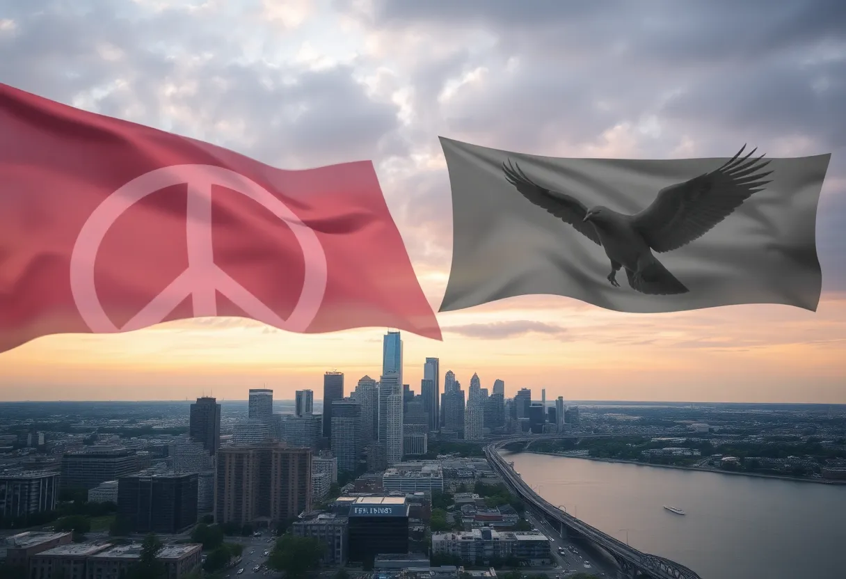 Detroit skyline with peace symbols
