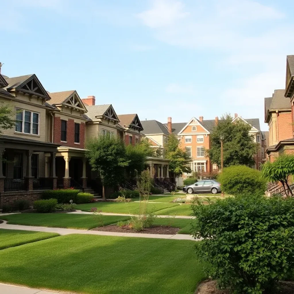 View of Lafayette Park neighborhood in Detroit with townhouses and greenspaces.